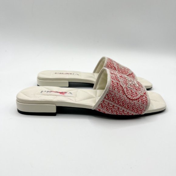 PRADA Logo Jacquard Slide Sandal White and Red Store Display Shoe - Picture 9 of 13